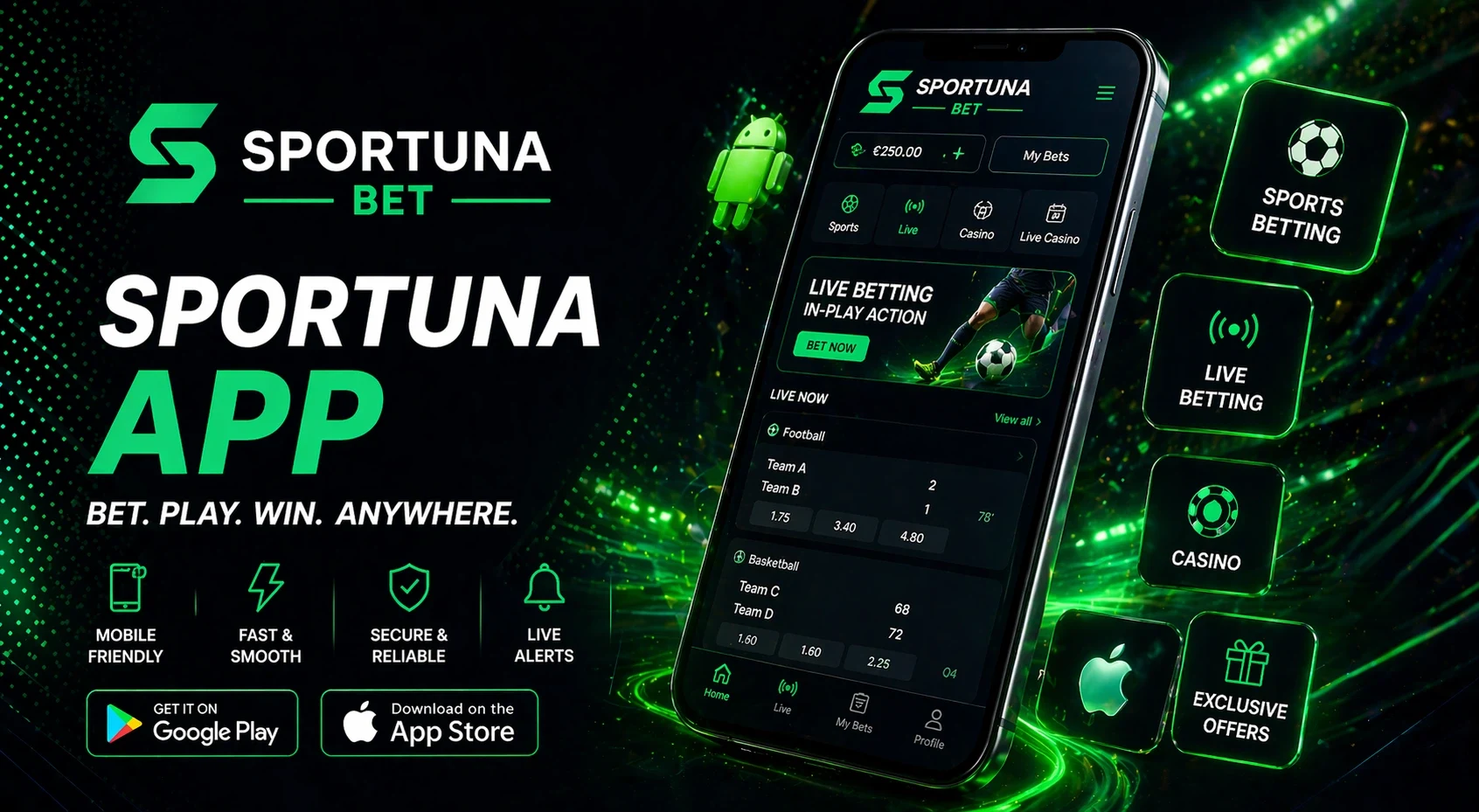 Sportuna-sovelluksen banneri, jossa näkyy älypuhelimen käyttöliittymä, vedonlyöntiominaisuuksia ja neonvihreitä elementtejä tummalla pohjalla