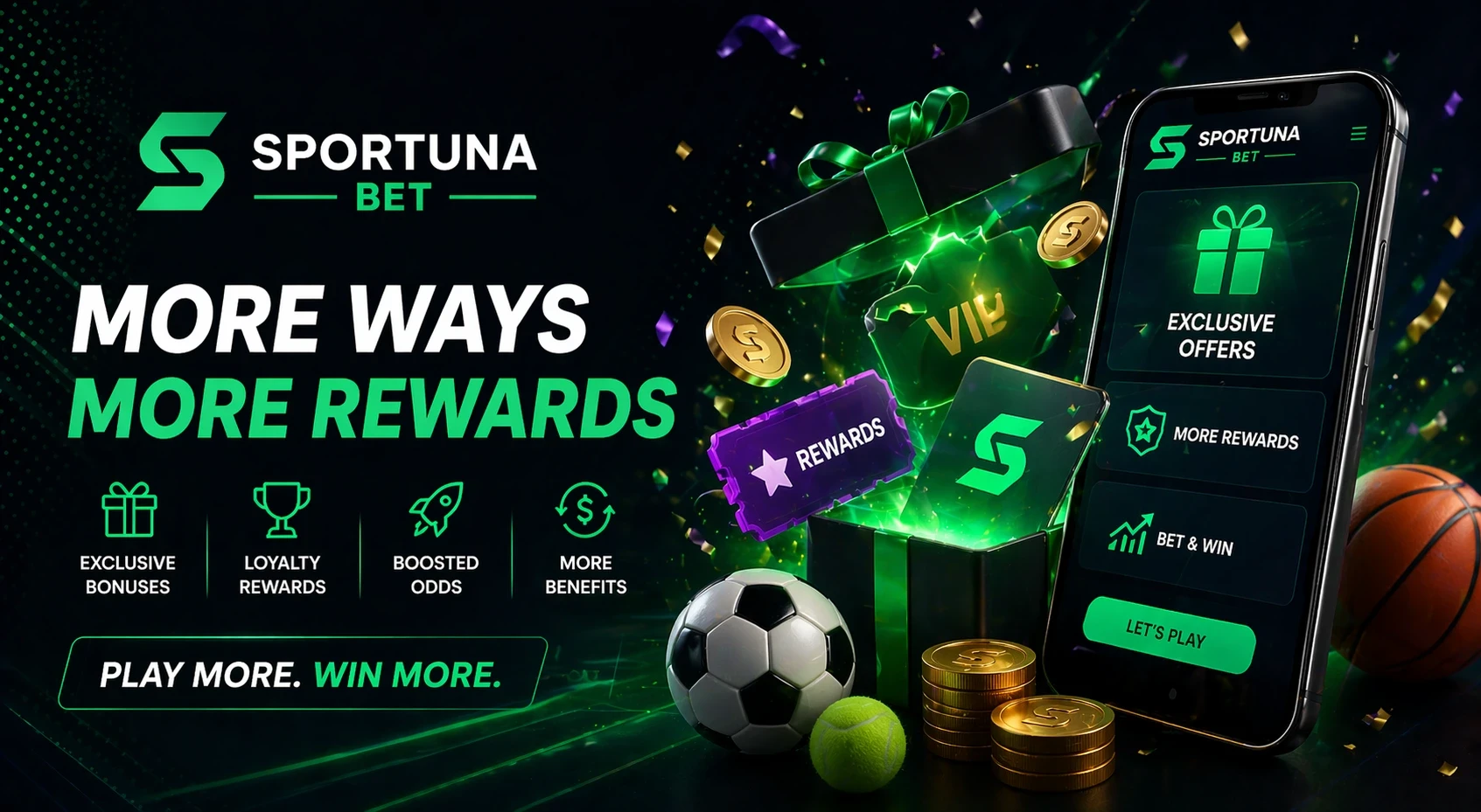 Banner Sportuna Bonus s dárkovou krabicí, mincemi a mobilní aplikací zobrazující odměny a nabídky na tmavém neonově zeleném pozadí