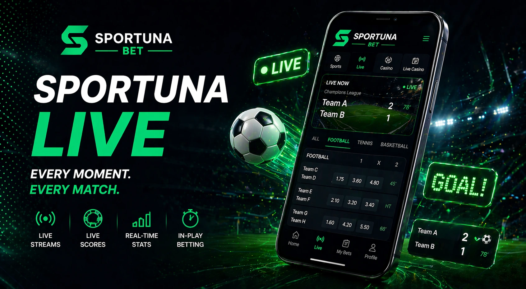 Banner Sportuna Live con calcio, risultati in tempo reale e interfaccia di scommesse su uno sfondo di stadio verde neon