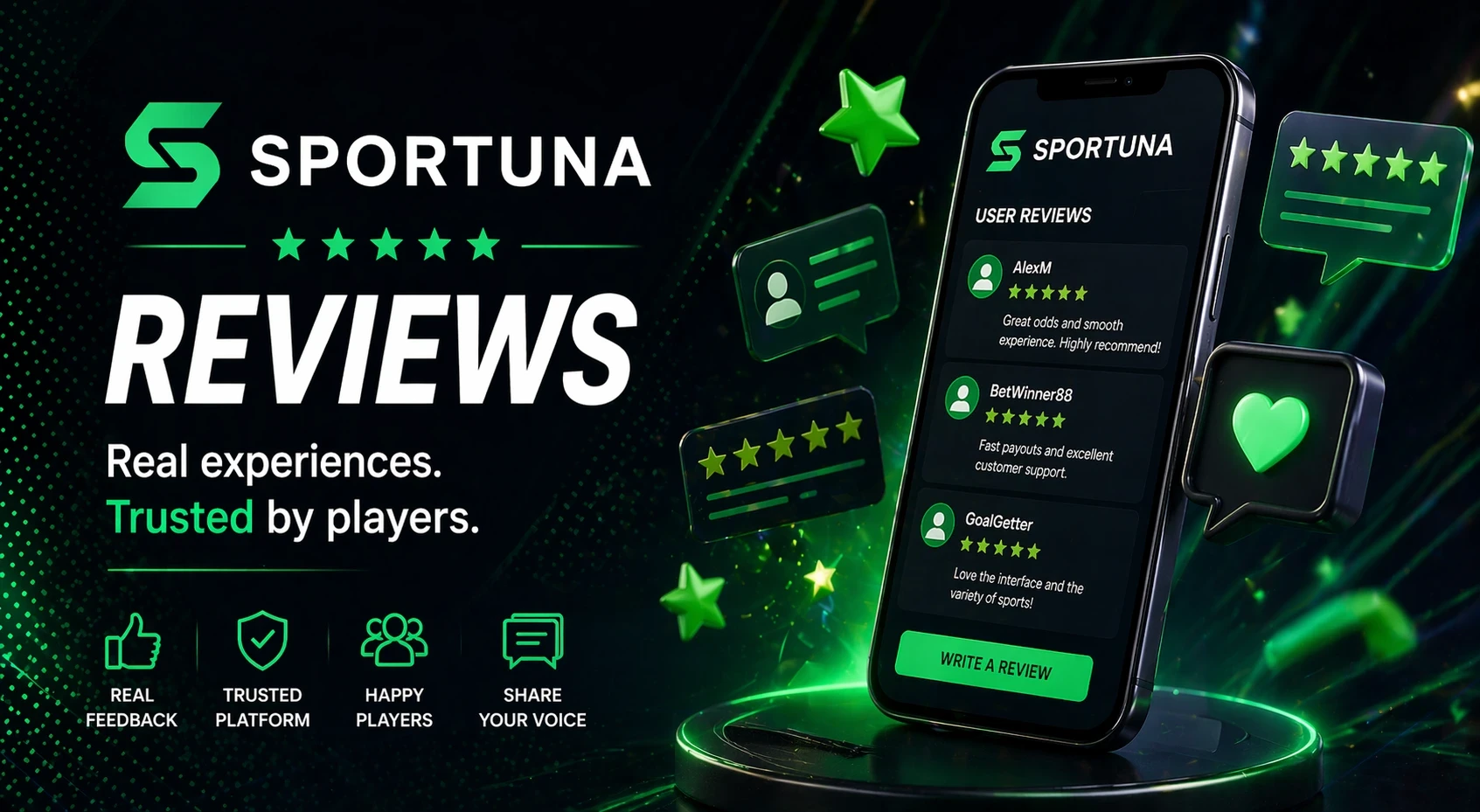 Sportuna arvostelut -banneri, jossa älypuhelin näyttää käyttäjäpalautetta, tähtiluokituksia ja chat-kuvakkeita tummalla neonvihreällä taustalla